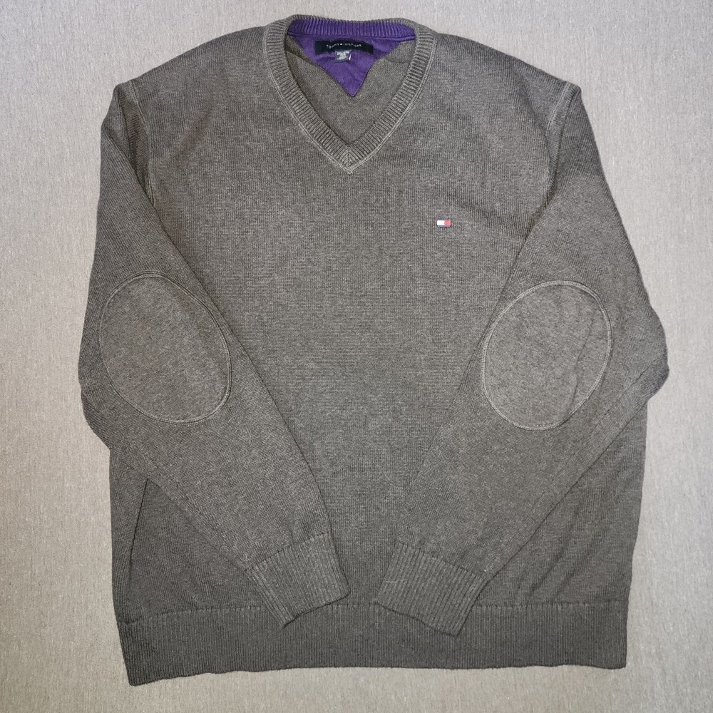 Tommy Hilfiger Mens 2XL Gray V-Neck Sweater Elbow Patches Cotton Pullover